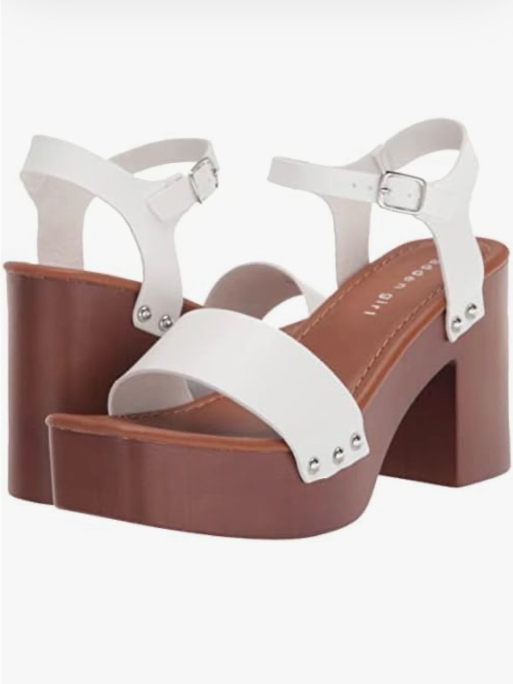 Steve Madden White and Brown Platform Block Heel Sandals